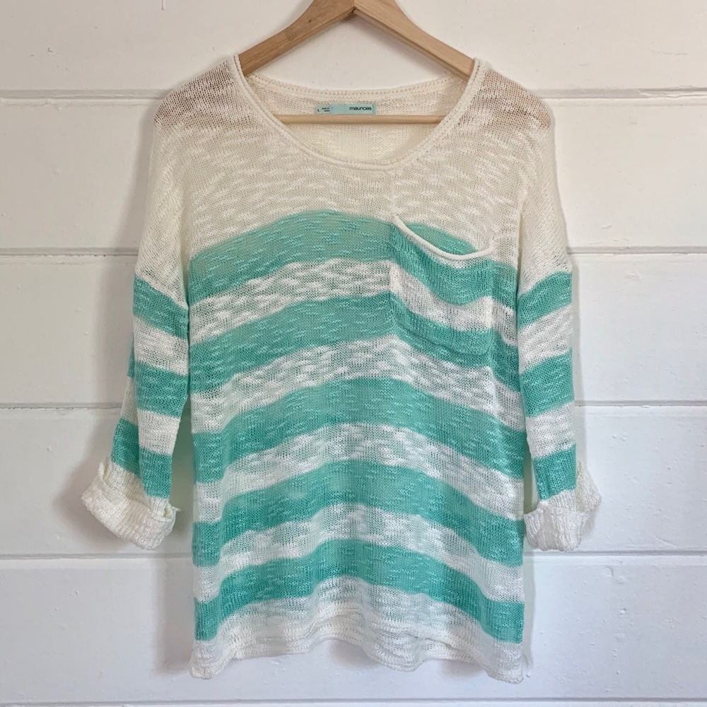 Maurices Knit White and Aqua Striped Top